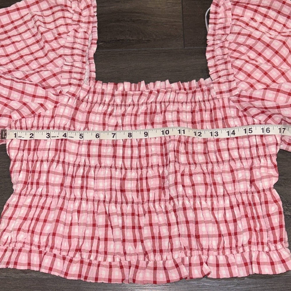 English Factory NEW Check Smocked Puff Sleeve Top Size Large Pink/Red - Picture 15 of 15